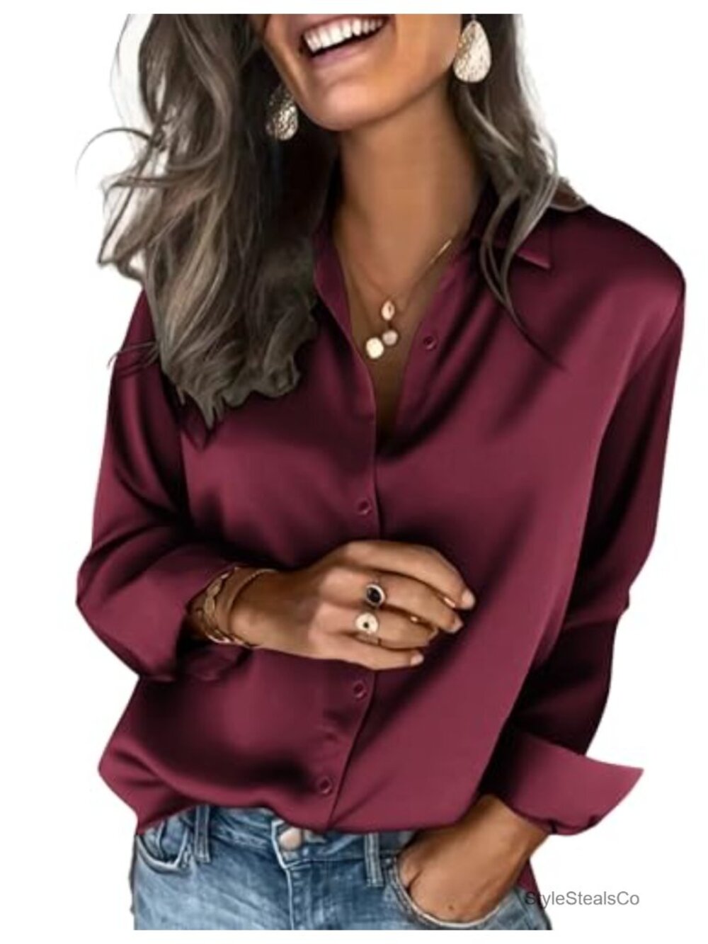 Satin Button Down Blouse Long Sleeve V-Neck Top
